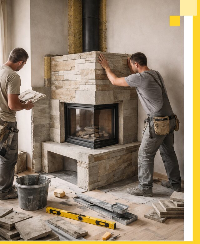 Угловые камины под ключ проект, монтаж и отделка в Абакане